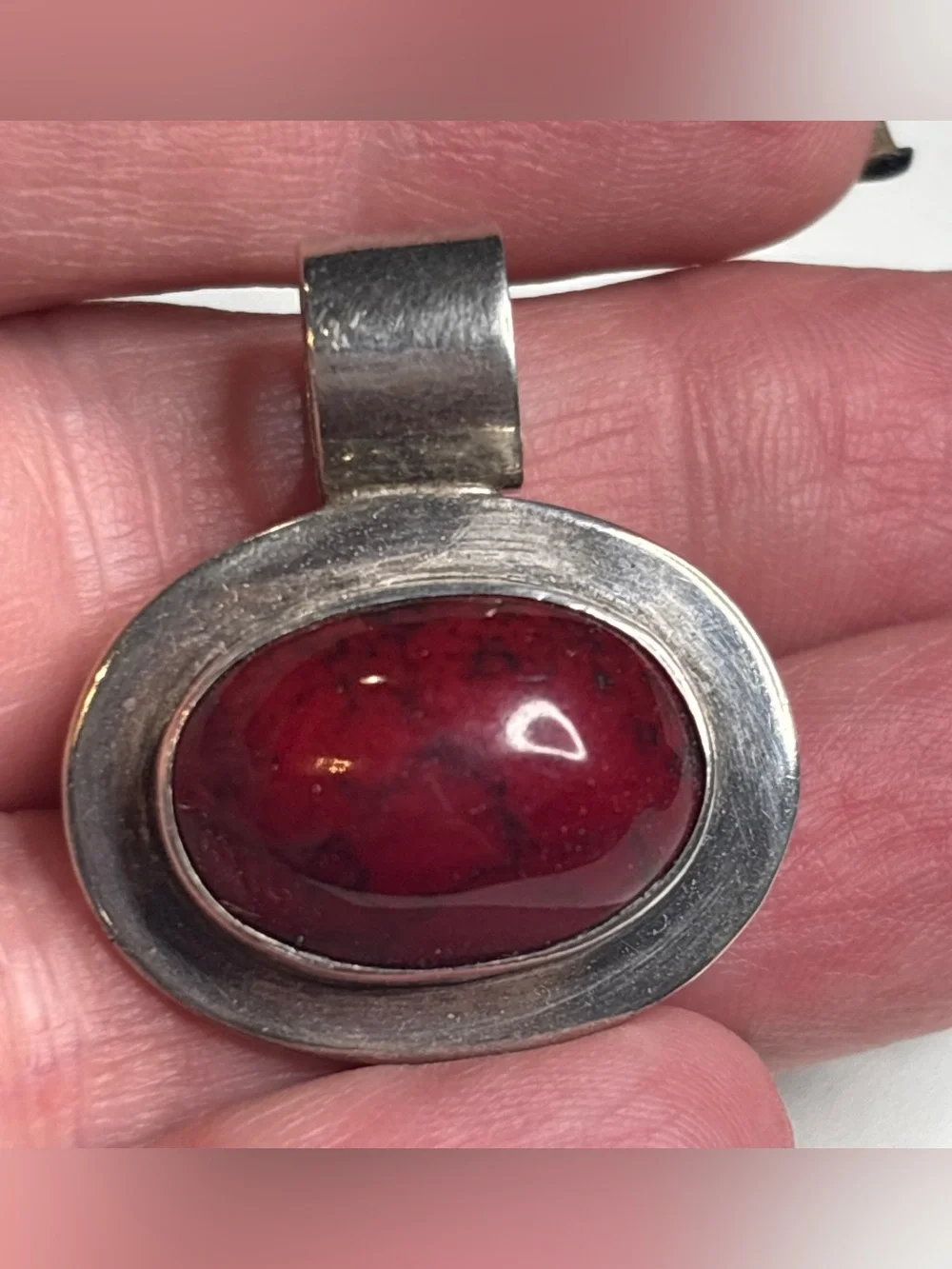 Vintage Mexico 925 Sterling Silver Red Jasper Cabochon Pendant Artisan Modernist